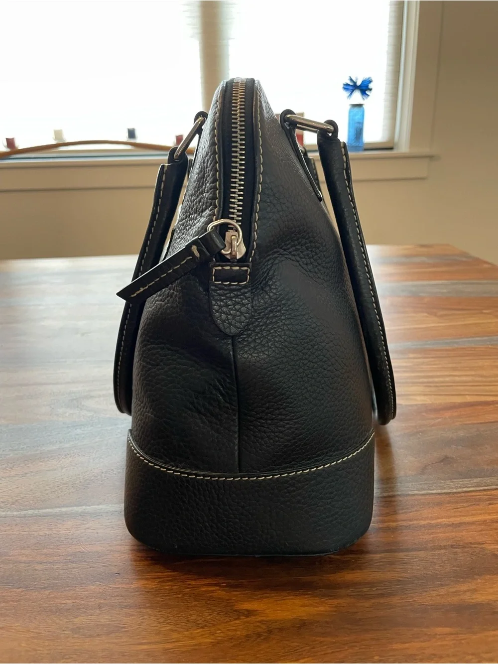 Dooney & Bourke Black Pebbled Leather Satchel with Logo Emblem